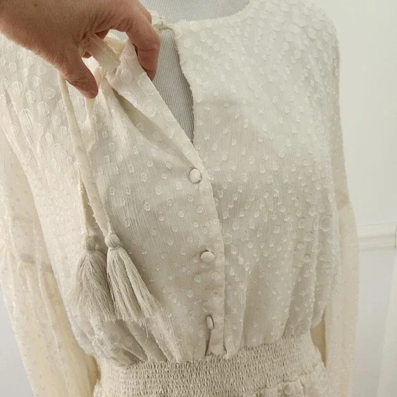 New Lulus Dress XL Swiss Dot Peasant Long Slv Cream Womens Casual Party … - Picture 11 of 15